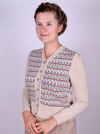 1940s vintage style cardigan - Merino - Cream with pattern - Rosemary