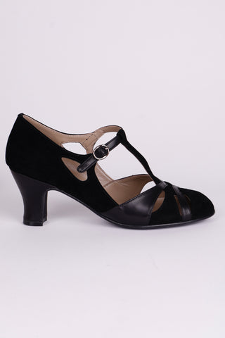 1930s evening shoe with T-strap crafted from leather and suede - Black - Wilma