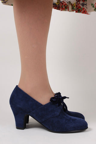 40's vintage style pumps in suede with lace - navy blue - Esther