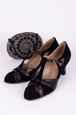 1930s evening shoe with T - strap crafted from leather and suede - Black - Wilma - memery