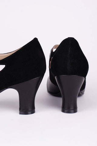 1930s evening shoe with T - strap crafted from leather and suede - Black - Wilma - memery