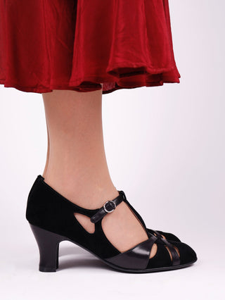1930s evening shoe with T - strap crafted from leather and suede - Black - Wilma - memery