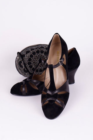 1930s evening shoe with T - strap crafted from leather and suede - Black - Wilma - memery