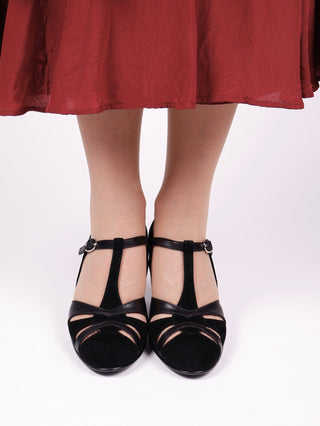 1930s evening shoe with T - strap crafted from leather and suede - Black - Wilma - memery
