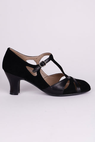 1930s evening shoe with T - strap crafted from leather and suede - Black - Wilma - memery