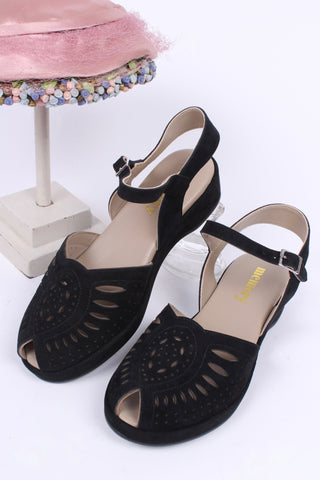 1940s / 50s suede wedge sandals - Black - Ella - memery