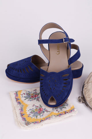 1940s / 50s suede wedge sandals - Blue - Ella - memery