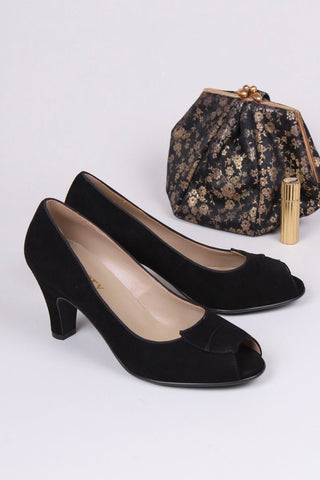 1940s suede high heel with peep toe - Black - Margaret - memery