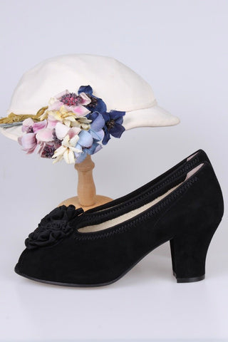 1940s suede pumps with rosette and peep toe - Black - Jean - memery