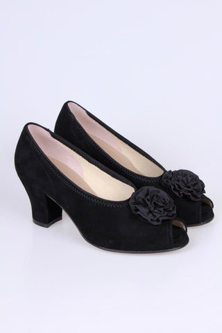 1940s suede pumps with rosette and peep toe - Black - Jean - memery