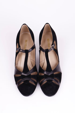 1930s evening shoe with T-strap crafted from leather and suede - Black - Wilma