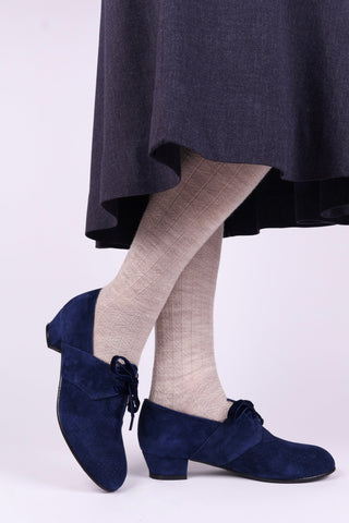 40s Derby shoes in suede - Low heel - Navy Blue - Esther - memery