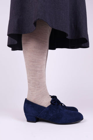 40s Derby shoes in suede - Low heel - Navy Blue - Esther - memery