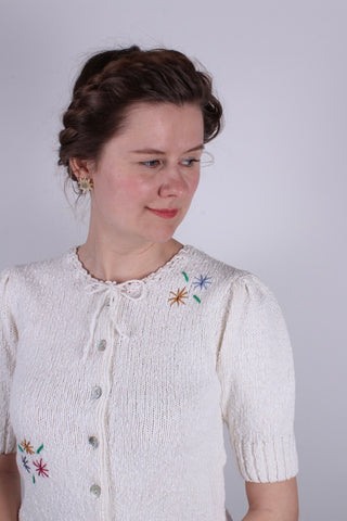 Late 1930s / 1940s style summer bouclé cardigan. Off-White with embroidery- Sarah