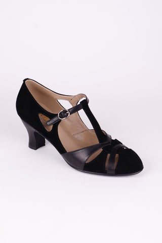 1930s evening shoe with T-strap crafted from leather and suede - Black - Wilma