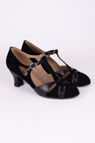 1930s evening shoe with T-strap crafted from leather and suede - Black - Wilma