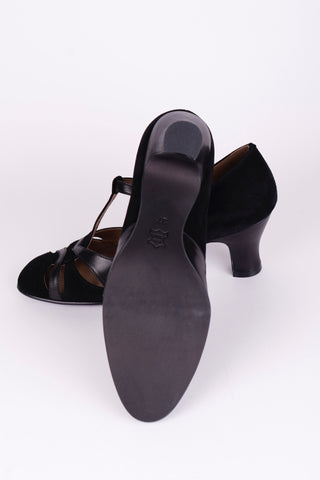 1930s evening shoe with T-strap crafted from leather and suede - Black - Wilma