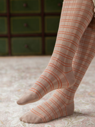 1920s patterned cotton tights – Caramel with orange stripes – Dorothy