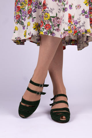 1940s - suede wedge sandals - Dark Green - Irene