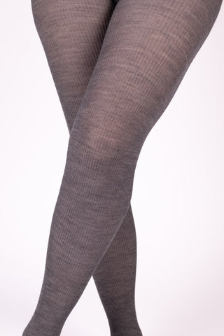 Ribbed knit tights - Wool/silk blend - Dark grey melange - Virginia